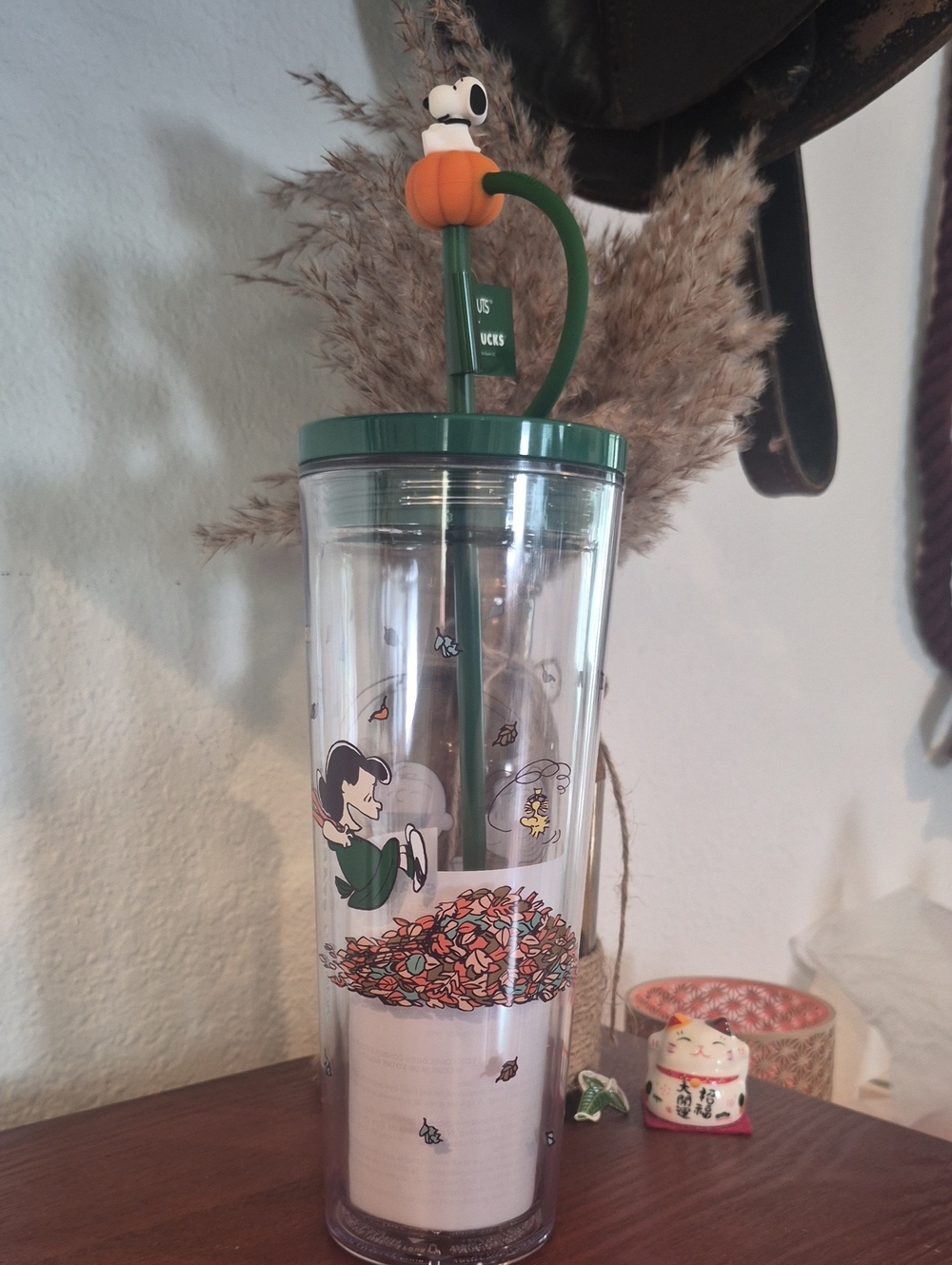 Starbucks Green Lid Clear Tumbler with Pumpkin Snoopy Straw Charm